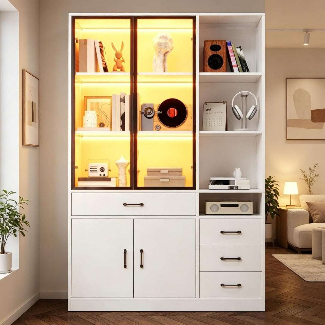 Armadio Armadio alto con vetrina in vetro e LED, libreria con 13 scomparti